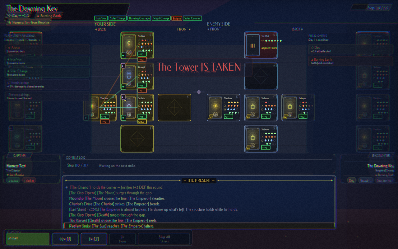 Combat scene with ceremonial chrome and tarot units